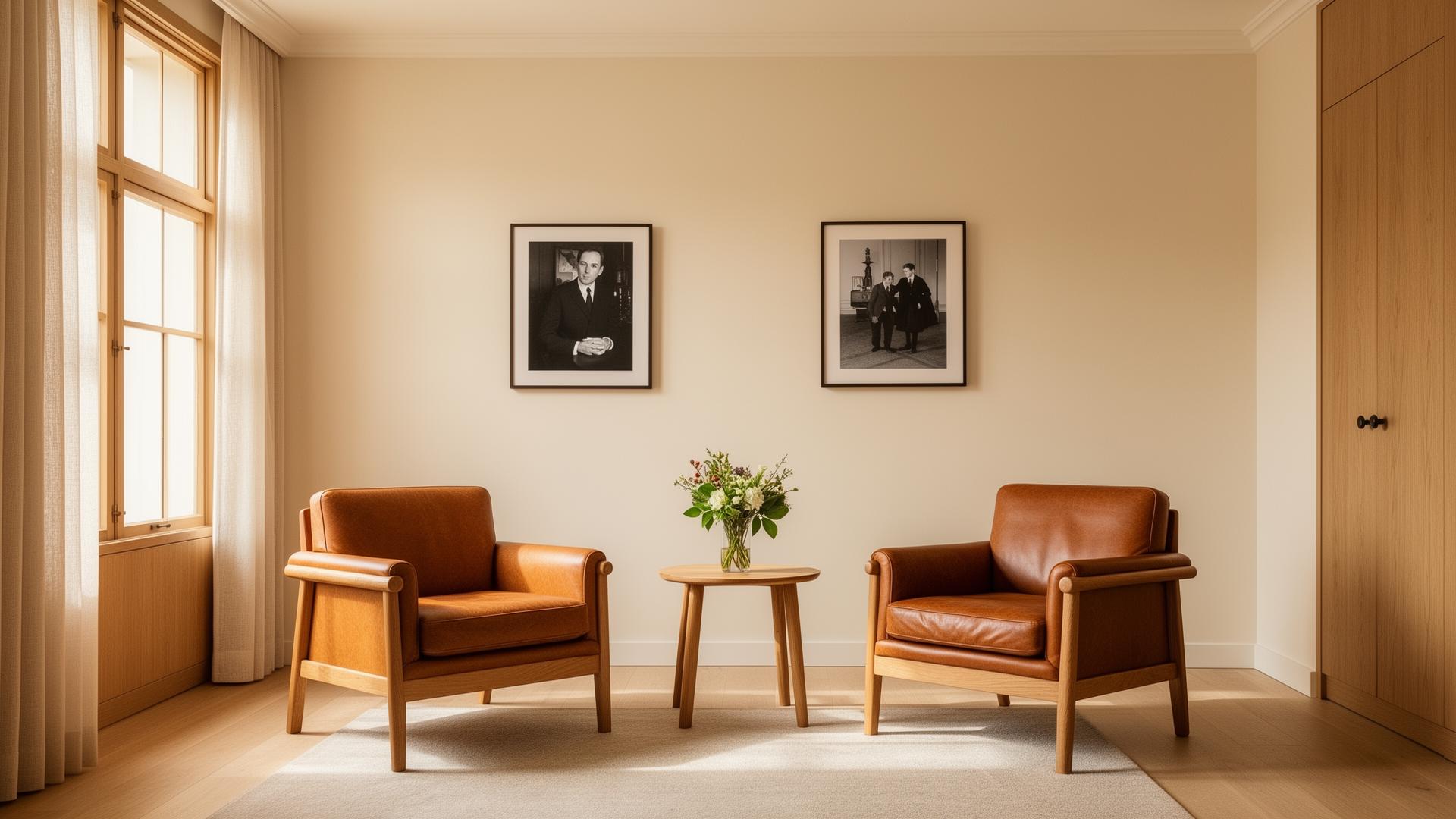 A warm, minimalist counseling office with natural light